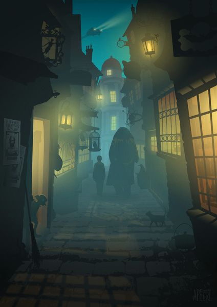 Harry Potter walks beside Rubeus Hagrid, away into the mist of Diagon Alley