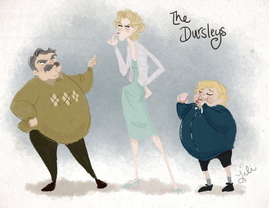 Fat Vernon Dursley points a finger at tall Petunia Dursley, who is licking her fingers while enourmous Dudley Dusley scoffs cake