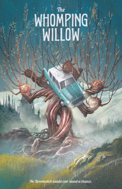 The Whomping Willow grasps the Weasley's Blue Ford Anglia car in it's branches with Hogwarts in the background
