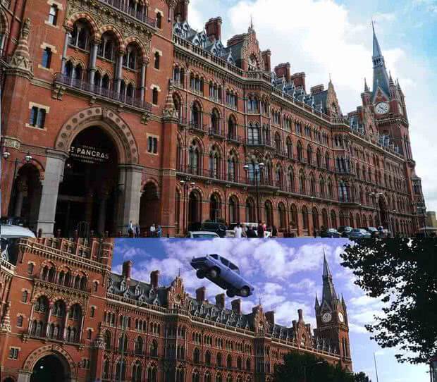 Ron & Harry Potter soar into the air before St Pancras station hotel