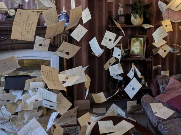 the Warner Brother's studio tour backlot: the Dursley fireplace explodes with Hogwartsâ€™ letters