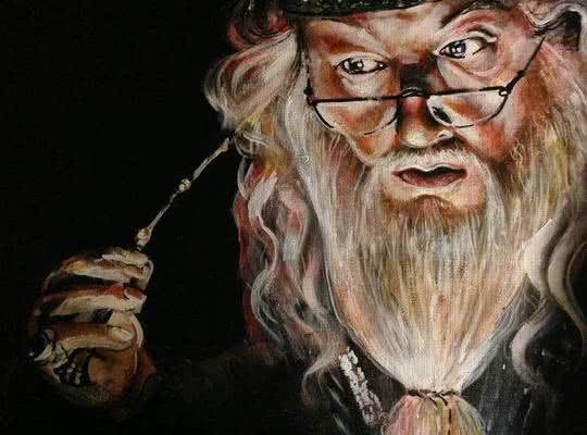 Alus Dumbledore places his wands to his forehead extracting memories for Hogwart's pensieve