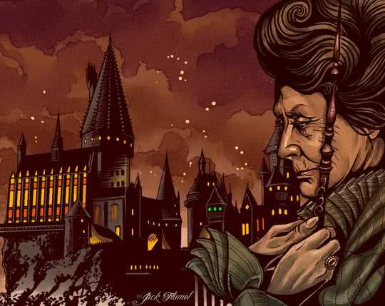 Headmistress Professor Minerva Mcgonagall stands guard outside Hogwarts holding her wand