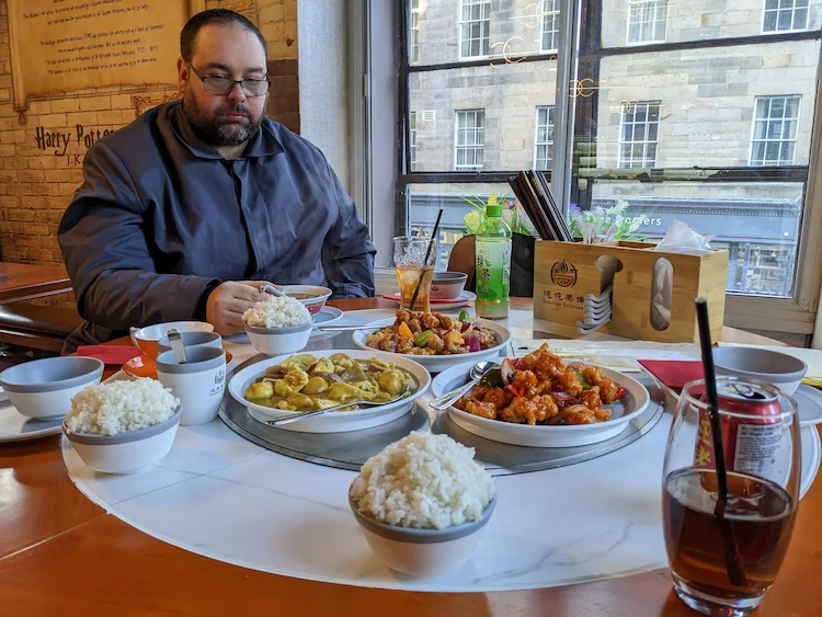 A Potter pilgrim sits at JK Rowling’s corner table in 6a Nicolson Street, now a Chinese restaurant, eating a hearty meal of Sweet & Sour chicken
