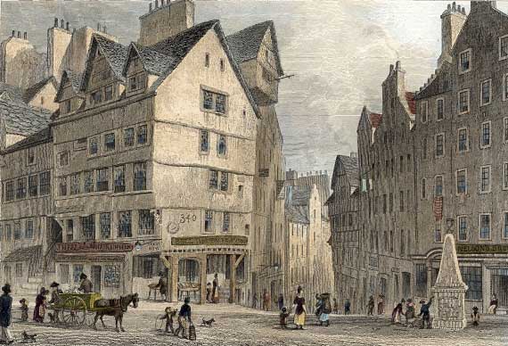 A ziggurat tenement leans over the top of West Bow, a well in the foreground