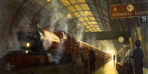 Harry Potter & his trolley look out on the Hogwarts Express filling platform 9¾ with steam