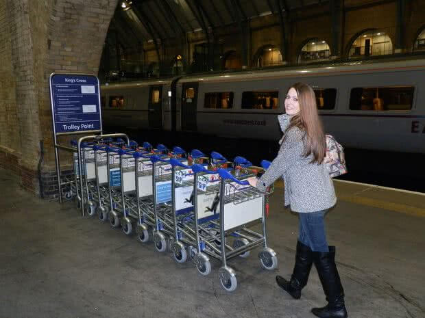 A line of trolleys in Kings Cross station now blocks the barrier to platform 9¾